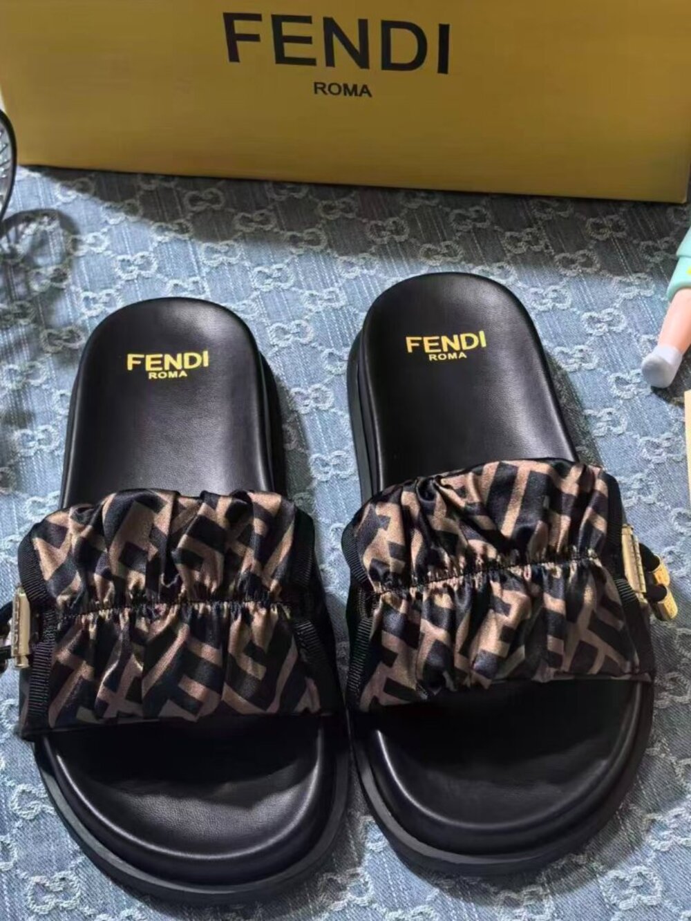 Fendi FF Zucca Print Ruched Fabric Slide Sandals
